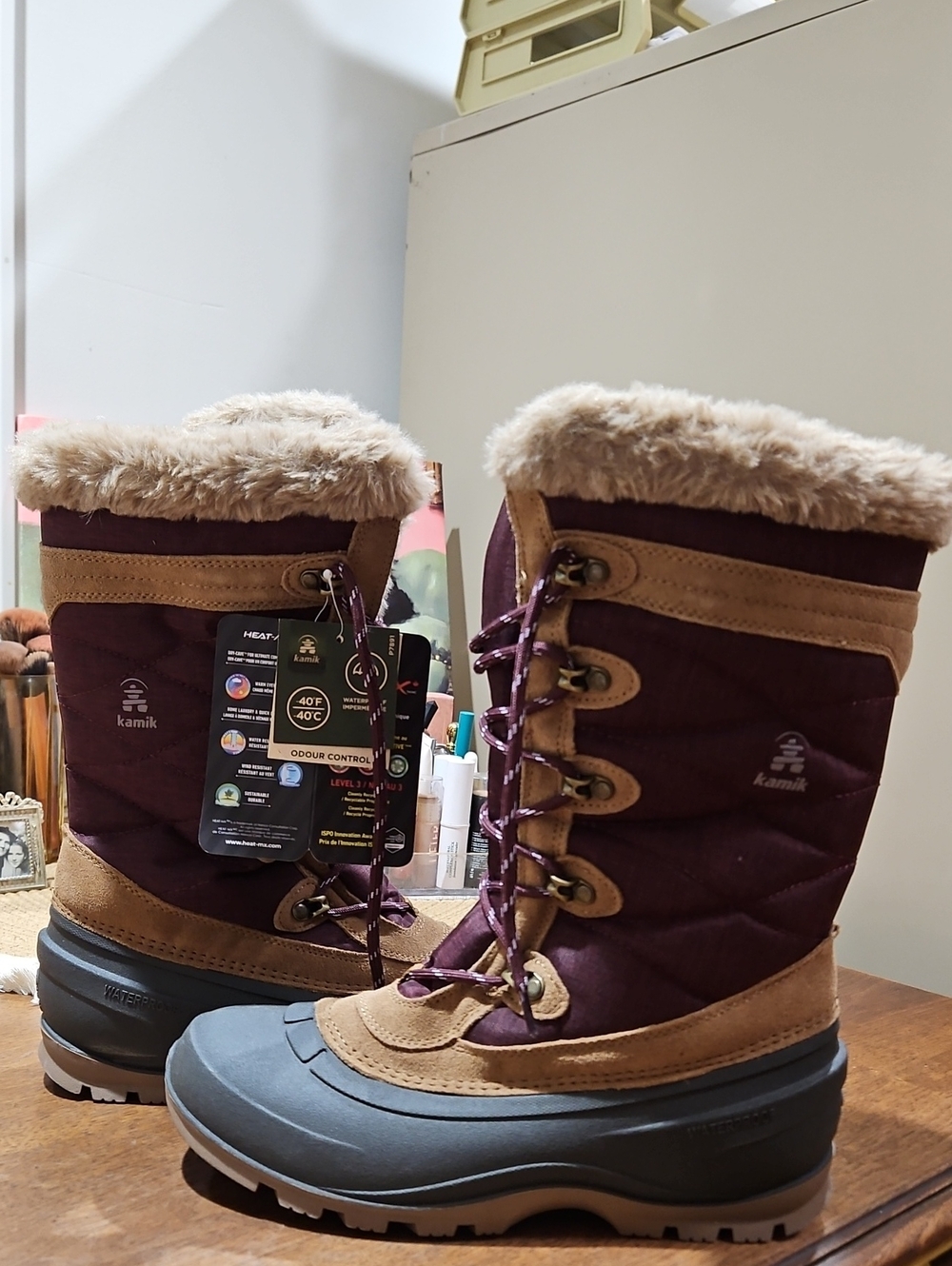 Kamik Women's Burgundy and Tan Waterproof Winter Boots with Faux Fur Collar